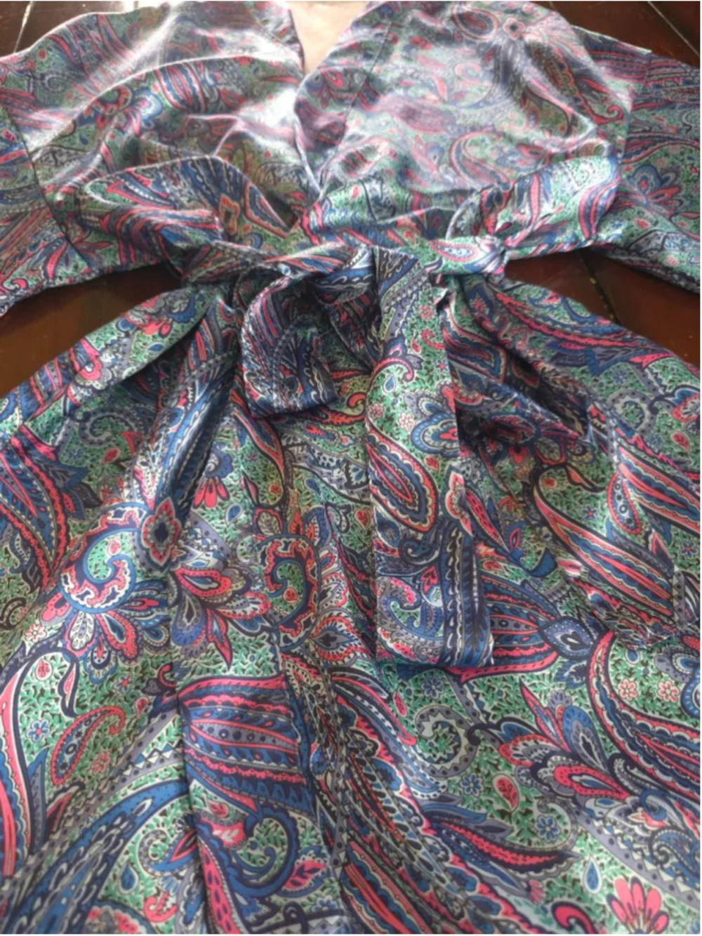 Women's Vintage Coquette VAL MODE Paisley Satin Short Robe M Blue Pink Summer